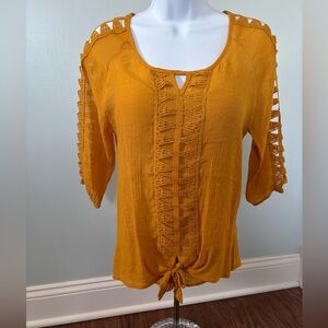 Women's Mustard Crochet-Trim Tie-Front Blouse